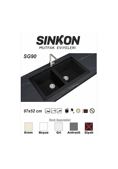 Sinkon Siyah Granit Eviye 97 x 52 / Çift Gözlü - Sg90 - Sinkon
