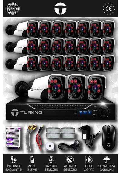 Turkno 24 Kameralı Pania 24 Dış Kamera Set HDD'siz Full HD Gece Görüşlü Güvenlik Kamerası Sistemi