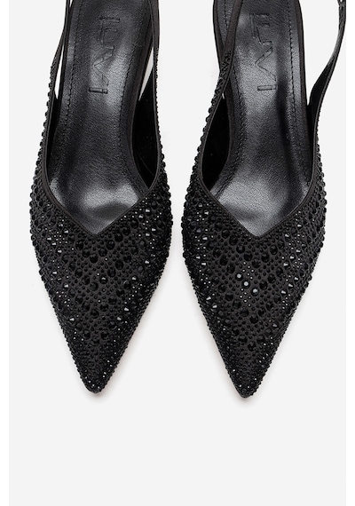 Luvishoes Royale Siyah Saten Taşlı Kadın Kısa Topuklu Abiye Ayakkabı
