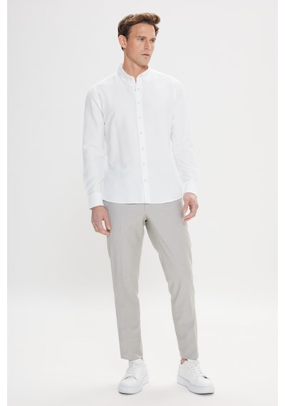 AC&Co / Altınyıldız Classics Erkek Beyaz Pamuklu Slim Fit Dar Kesim Düğmeli Yaka Gofre Desenli Gömlek Beyaz