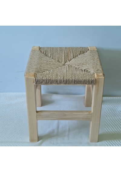 El Yapımı Jüt İp Örgülü Masif Çam Ahşap Tabure 34 Cm