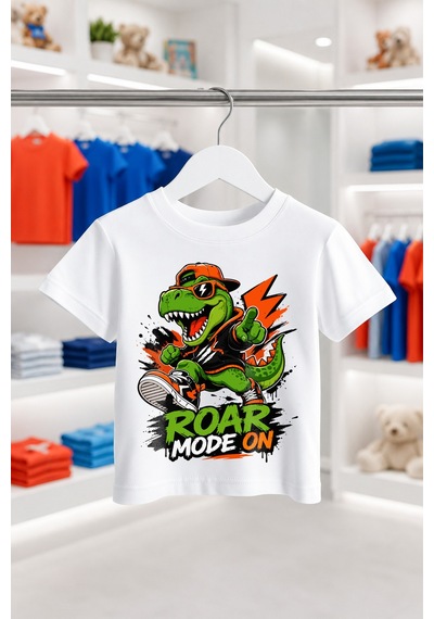 Bayloranzzo Roar Mode On %100 Pamuk Premium Kalite Erkek Çocuk Tişörtü Beyaz