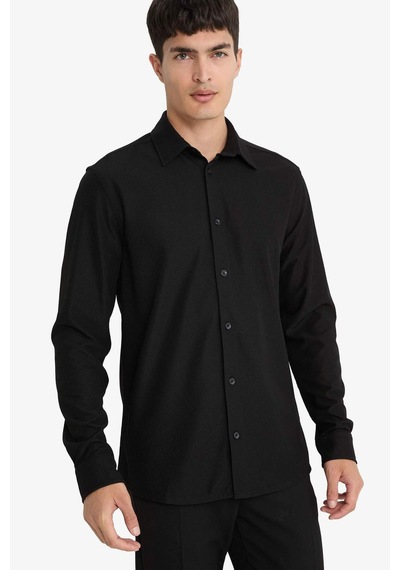 Defacto Slim Fit Dar Kesim Polo Yaka Penye Uzun Kollu Gömlek E9061ax25aubk27 Siyah
