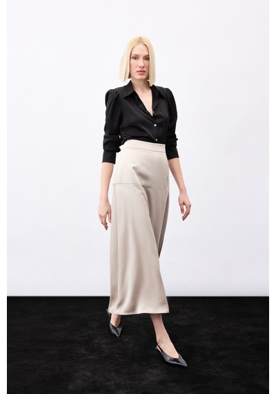 Sateen Yüksek Bel Saten Etek - Vizon-136787 Vizon