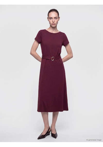 LC Waikiki Lcw Comfort Mürdüm Bisiklet Yaka Beli Kemerli Kloş Elbise Lıght Plum
