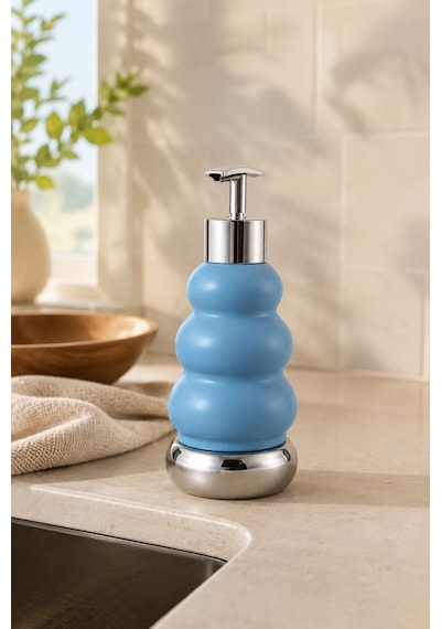 Trıo Dekoratif Premium 3 Boğumlu Sıvı Sabunluk 300 Ml Krom Görünümlü Pompalı Pastel Yeşil Banyo Ve Mutfak Sabun Dispenseri - 18,5 Cm X 7 Cm Mavi