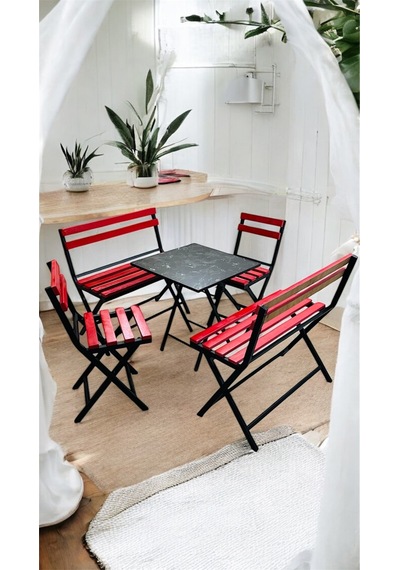 Modern 2-2-1-1 Balkon Bahçe Mutfak Bistro Set Katlanır Masa-sandalye 6 Kişilik Kırmızı