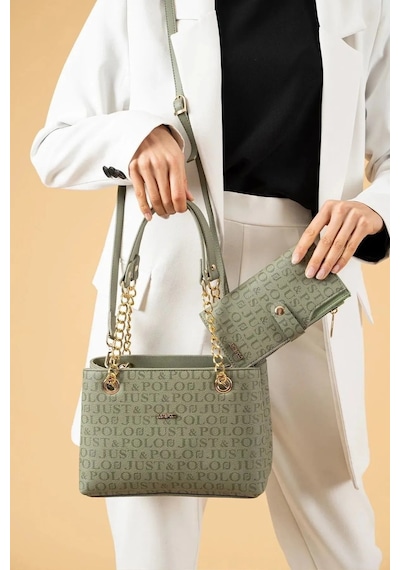 Just Polo Kadın Zincirli Baskı Desenli El & Omuz Çantası Ve Cüzdanı Ebat : 24 X 20 Cm Shopper Yeşil Kombin