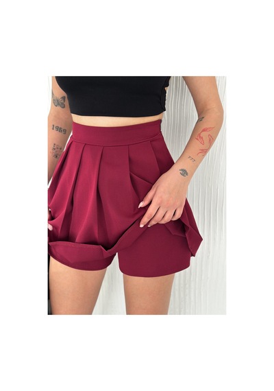 Gugus Kadın Şort/etek Pileli Fermuar Kapamalı Trend Model Bordo