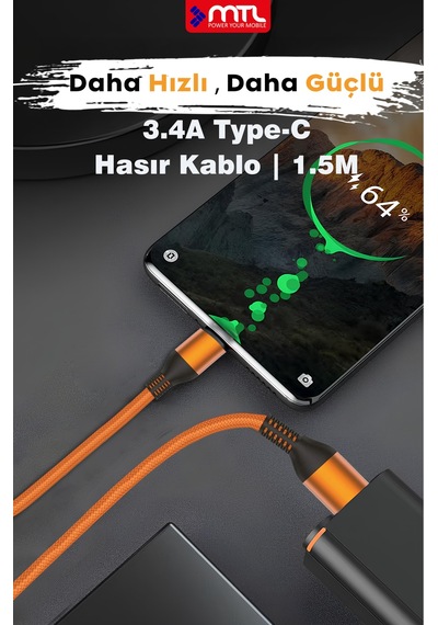 3.4a Usb To Type-c Örgülü Metal Başlıklı Hızlı Şarj Ve Data Kablosu 1.5 Metre Mt2051