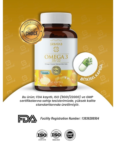 Erbatab Omega 3 Balık Yağı Hava Sızdırmaz Okside Olmayan Licaps Omega3 60 Kapsül