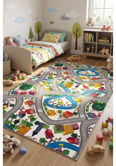 Raschel Carpet Premium Antialerjik Yıkanabilir Kalın Trafik Desenli Yumuşak Kaymaz Taban Halı Mavi