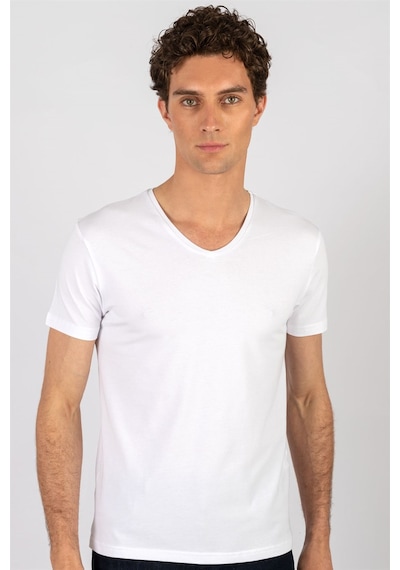 Tudors 16652 Slim Fit Dar Kesim V Yaka Kısa Kol Basic Erkek Tişört Beyaz