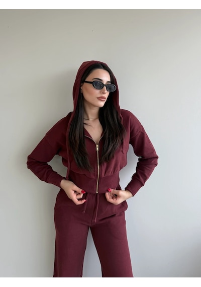 Laluvia Bordo %100 Pamuk Kapüşonlu Fitilli Takım - 51232 Bordo