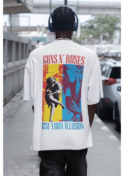 Sevbano Guns N' Roses Use Your Illusion Yazılı Sırt Baskılı Unisex Oversi Beyaz