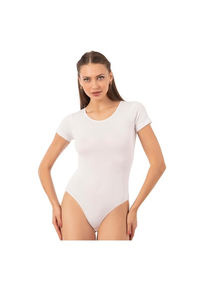 Lirona Fit Kesim - Bisiklet Yaka Kısa Kol Kancalı Body, Tesettür Body So Beyaz