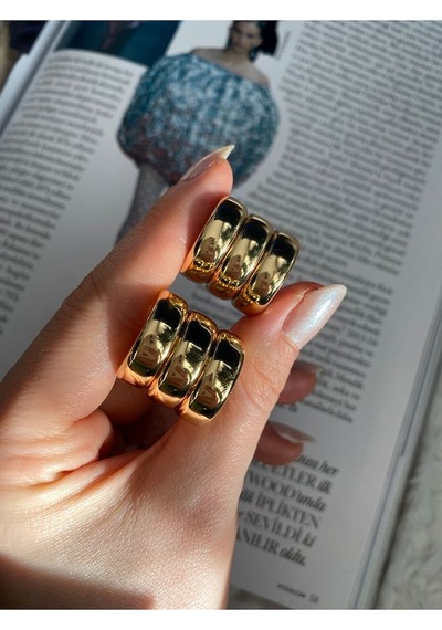 Pinery Jewels 3 Sıra Halka Altın Kaplama Küpe Çifti Altın