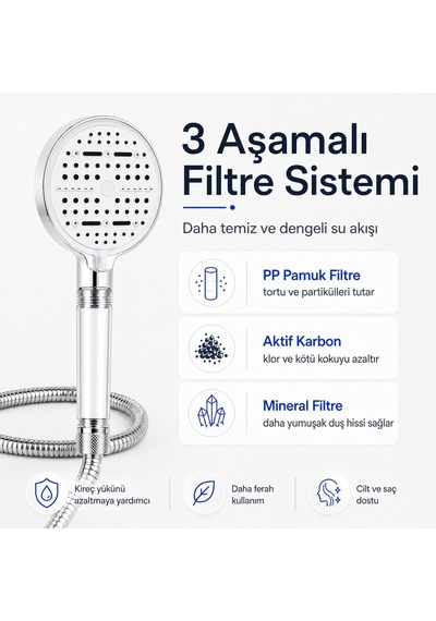 Sogud Duş Başlığı Seti Beyaz - 150 Cm Hortumlu Filtreli Arıtmalı El Duşu - 6 Fonksiyonlu Yüksek