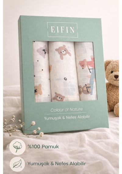 Eifin Çok Amaçlı Müslin Örtü & Battaniye 3'lü Set %100 Pamuk Oeko-tex Sertifikalı Kutulu Krem
