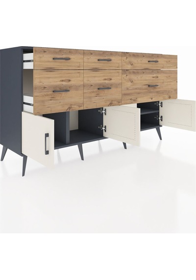 Kronos Konsol Tek Raflı 6 Çekmeceli 4 Kapaklı 176x59x99 Antrasit- Antrasit-aytaşı/çam