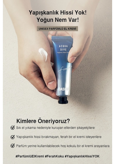 Nemlendirici, Hafif Dokulu Unisex Parfümlü El Kremi Dashu Acqua Dive Perfume Hand Cream