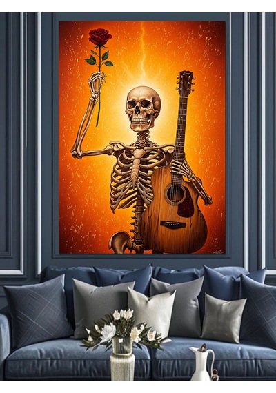 Ahşap Tablo İskelet Gitarlı Müzisyen Retro