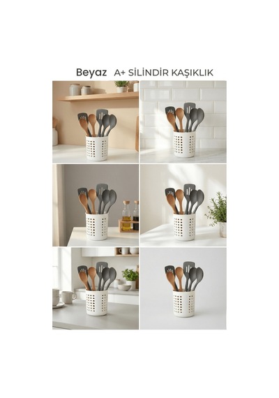 Beyaz - A+ Silindir Kaşıklık Tezgah Üstü Servis Standı, Su Gider Delikli, Plastik Düzenleyici Organizer Beyaz