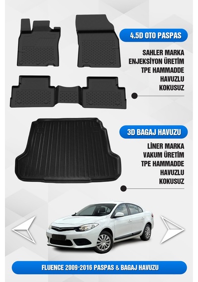 Renault Fluence 2009-2016 Uyumlu 4.5d Premium Havuzlu Oto Paspas Ve Liner Bagaj Havuzu