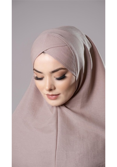 Hürrem Bone Bej Pratik Hazır Geçmeli Tesettür Eşarp Pamuk Caz Kumaş Tek Katlı Çapraz Hijab 2305 12