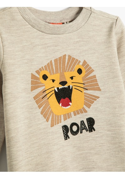 Koton Aslan Baskılı Sweatshirt Uzun Kollu Bisiklet Yaka Şardonlu Bej 4wmb10096tk Ekru