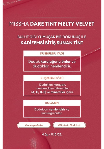 Uzun Süre Kalıcı, Bulaşma Yapmayan, Kadifemsi Bitiş Sunan Tint Dare Tint Melty Velvet Rosy Lofi Çok Renkli