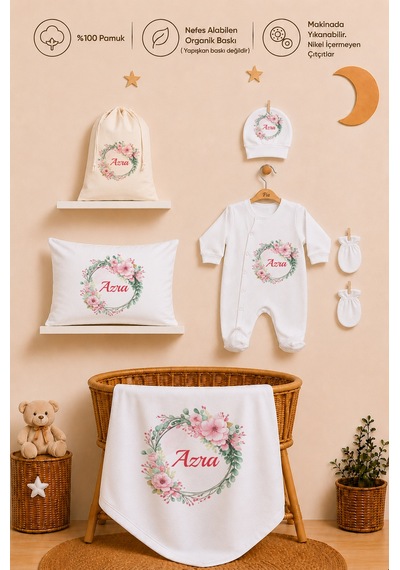 Pia Baby İsme Özel Kız Bebek %100 Pamuk Hastane Çıkışı Tulum Şapka Eldiven Kıyafet Keseli Hediye Seti 1024tybk3x Krem