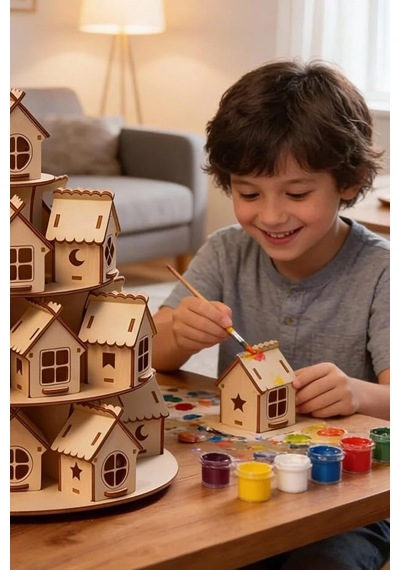 24 Parça Boyanabilir Mini Ahşap Ev Seti Eğitici Etkinlik Ve Dekor Oyunu Maket Ev Genel