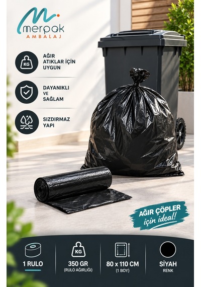 Kalın Çöp Torbası 10'lu Boy 350 Gr X 1 Rulo Siyah Çöp Poşeti 80x110 Cm