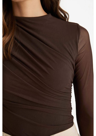Defacto Slim Fit Dar Kesim Tül Uzun Kollu Çıtçıtlı Body G3075ax25aubn220 Kahve