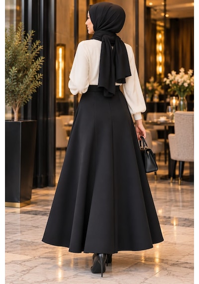 Esra Butik78 Scuba Kumaş Uzun Kloş Etek Siyah&lacivert-100 Cm