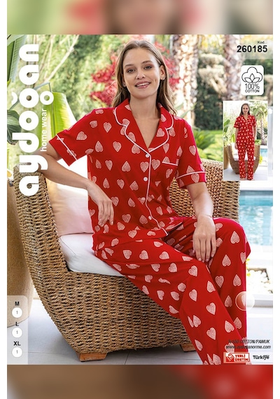 Aydoğan Kadın Necla Önü Düğmeli Kısa Kol Kırmızı Pijama Takımı 0185