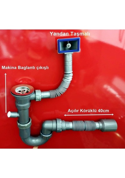 S'li Taşmalı Evye Sifonu Dirsekli Flex Tahliye - Damla Taşmalı Gri