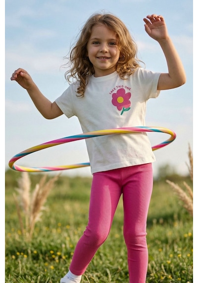 Zuzunga Cute Flower Baskılı Kız Çocuk Takımı Pembe Taytlı Fuşya