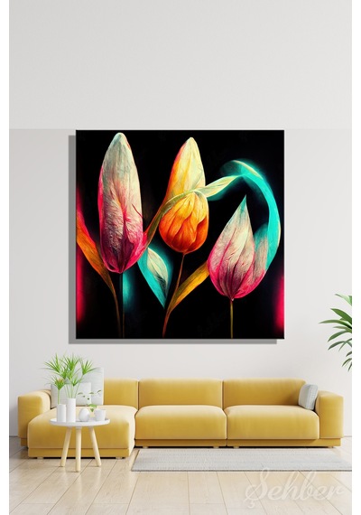 Siyah Fonda Neon Ve Soyut Lale Motiflerine Sahip Dekoratif Kare Kanvas Tablo 4275 Çok Renkli