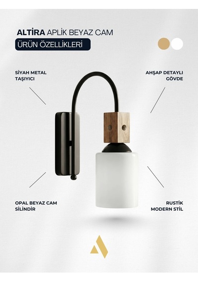Altira Ahşap Süslemeli Duvar Apliği Rustik Modern Stil, Opal Ve Bal Camlı Beyaz