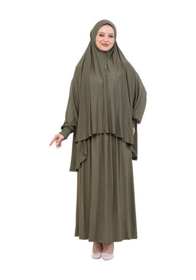 Modish Group İki Parça Namaz Elbisesi Uzun Pamuklu Tesettür Giyim Abaya & Başörtüsü Set Haki