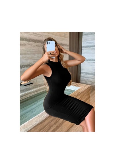 Butik İstanbul Kadın Kolsuz Balıkçı Yaka Kısa Dalgıç Elbise Siyah