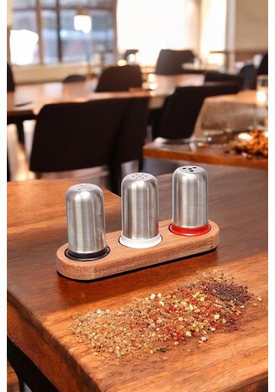 Ahşap Stantlı Baharatlık Ve Tuzluk Seti 3'lü Paslanmaz Çelik Kafe Restorant Diğer