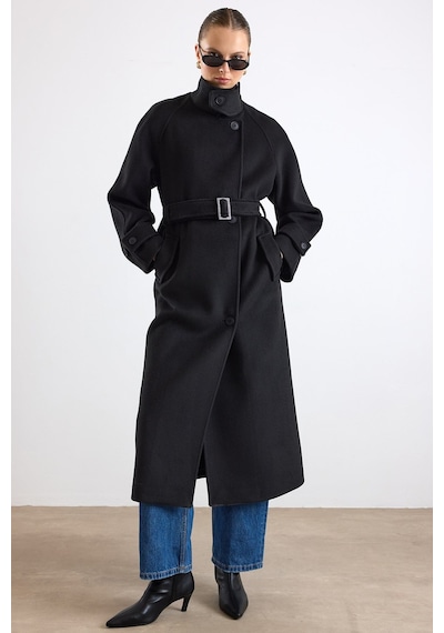 Olcay Dik Yaka Pat Detaylı Oversize Kaban Siyah 3177