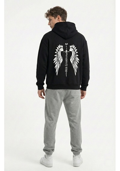 Nevermind Unisex His Angel & Her Guardian Baskılı Sevgili Kombini Hoodie Se Siyah