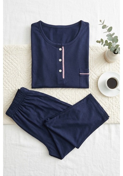 Aura Collections Kadın Pamuklu Uzun Kollu Üç Düğmeli Biyeli Soft Örme Pijama Takımı Lacivert