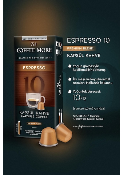 Coffee More 10 Espresso Kapsül Kahve 10 X 2 Paket 20 Adet Nespresso Uyumlu Kapsül Kahve