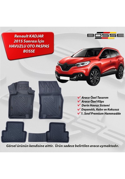 Renault Kadjar Paspas Araca Özel 2015 Sonrası BOSSE 3D Havuzlu Oto Paspas
