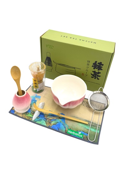 6 Parça Pembe Beyaz Renk Matcha Çayı Hazırlama Seti - Geleneksel Japon Matcha Seti Pembe - Beyaz